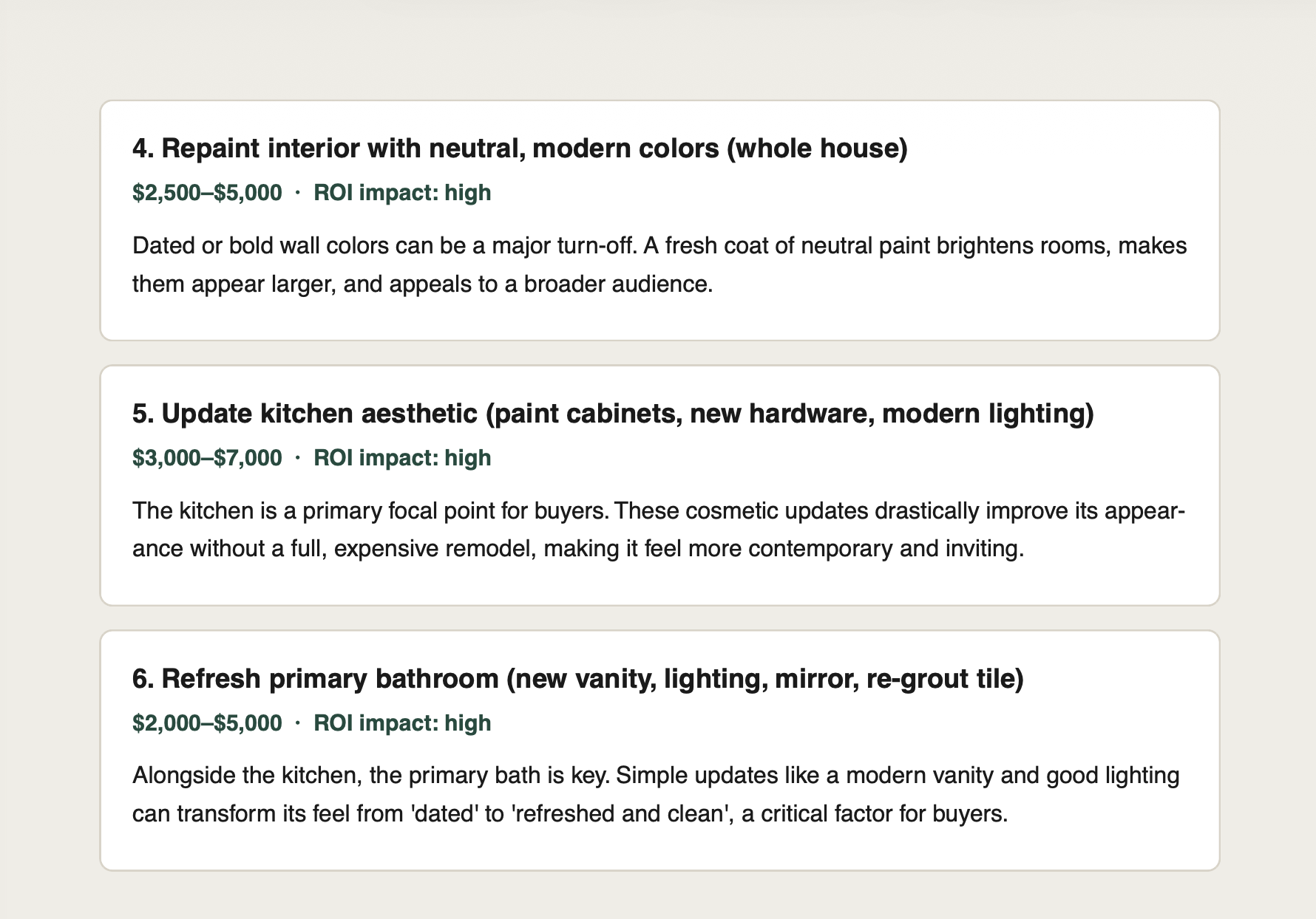 Prioritized renovation recommendations with ROI